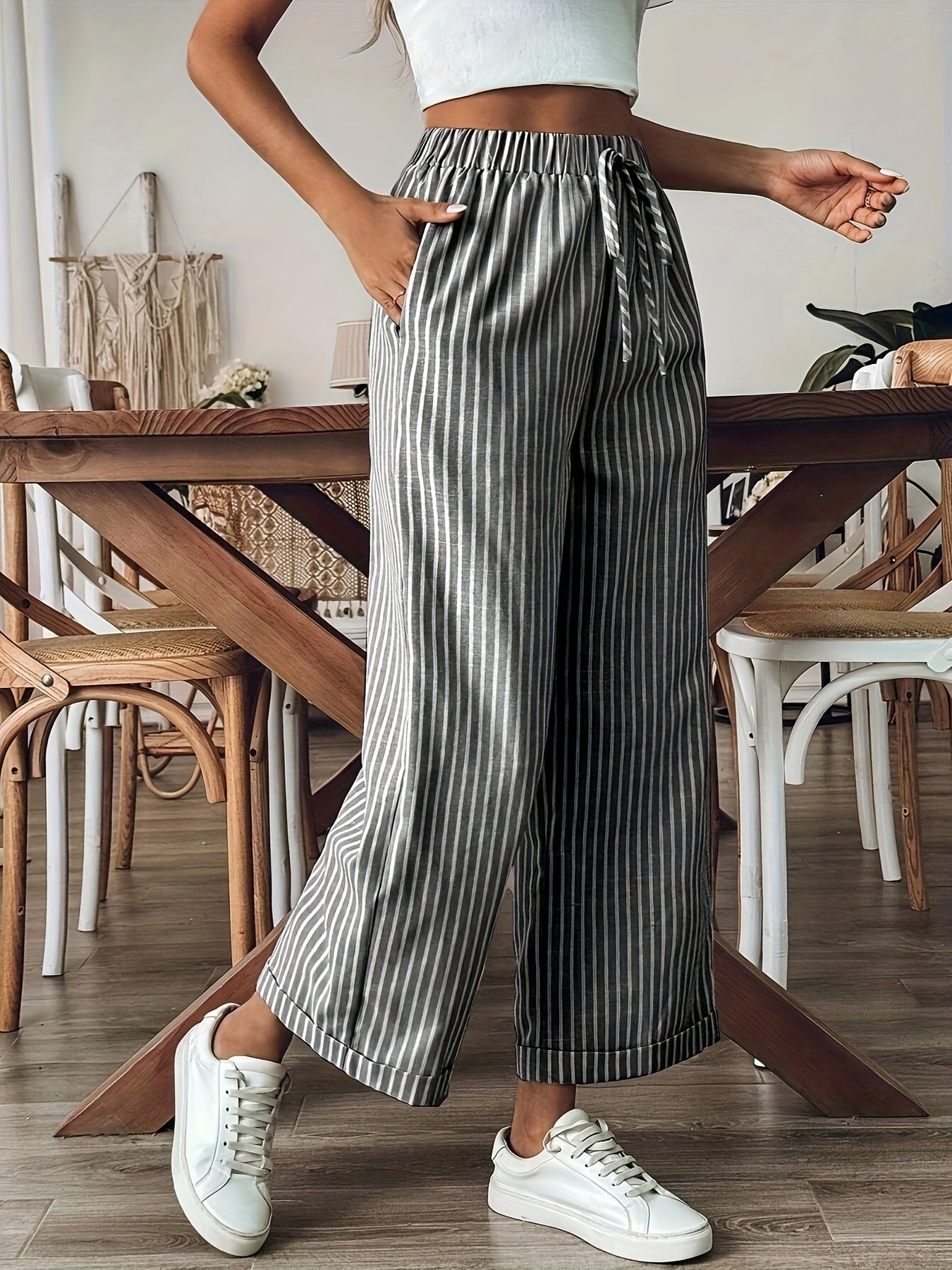 Elin - Stijlvolle gestreepte wide leg dames broek