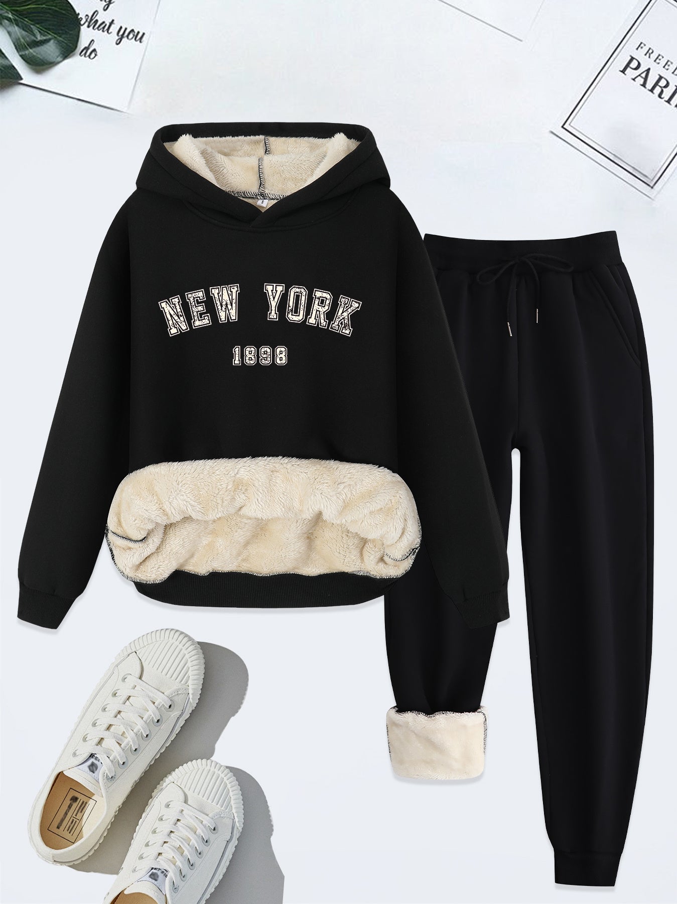 Femke - New York fleece gevoerde trui joggingbroek dames set met capuchon