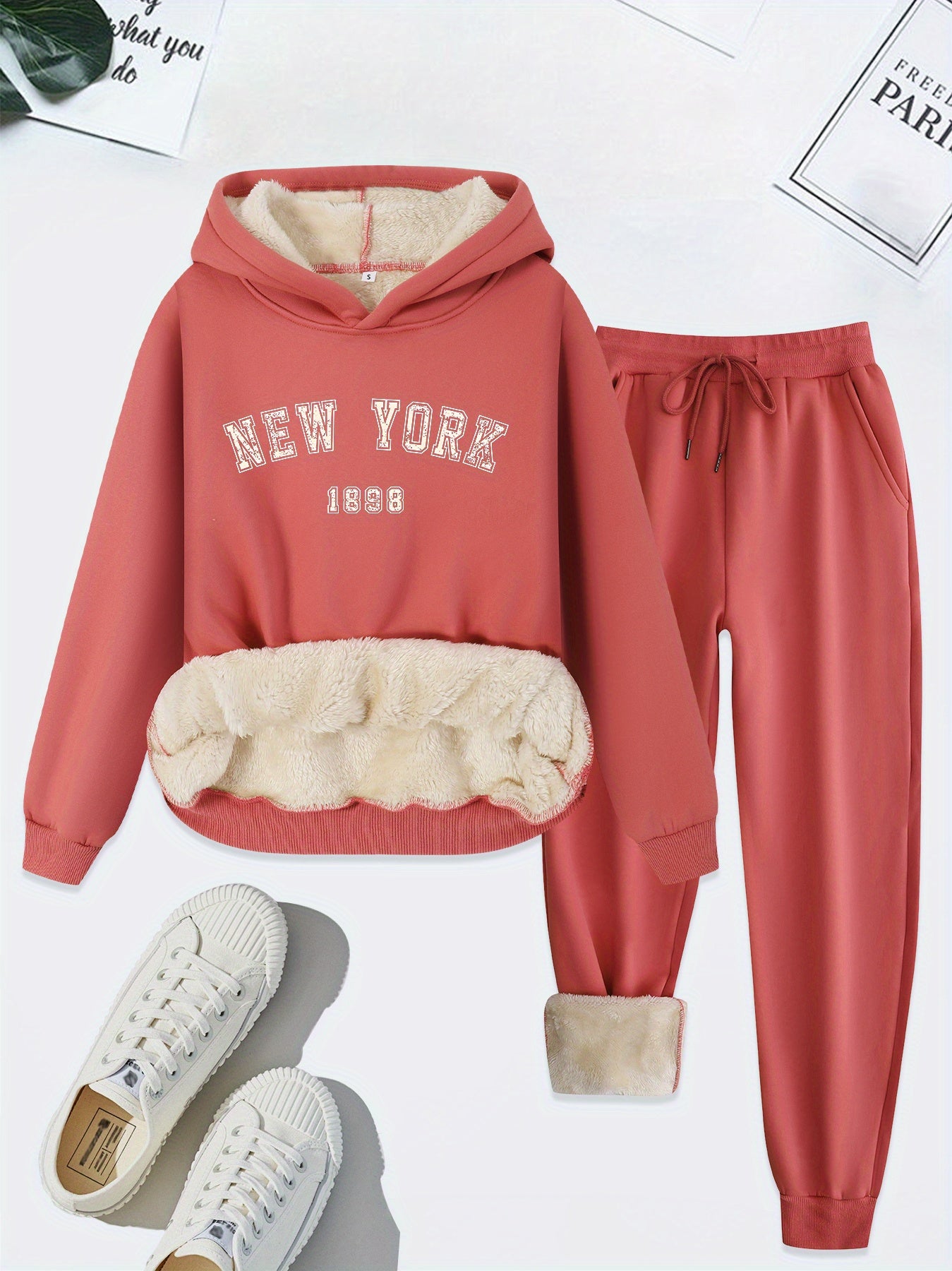 Femke - New York fleece gevoerde trui joggingbroek dames set met capuchon