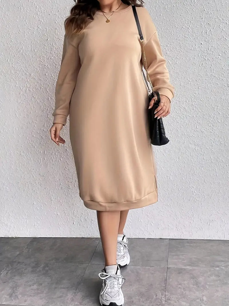 Penelope - Trendy warme oversized midi dames jurk met ronde hals