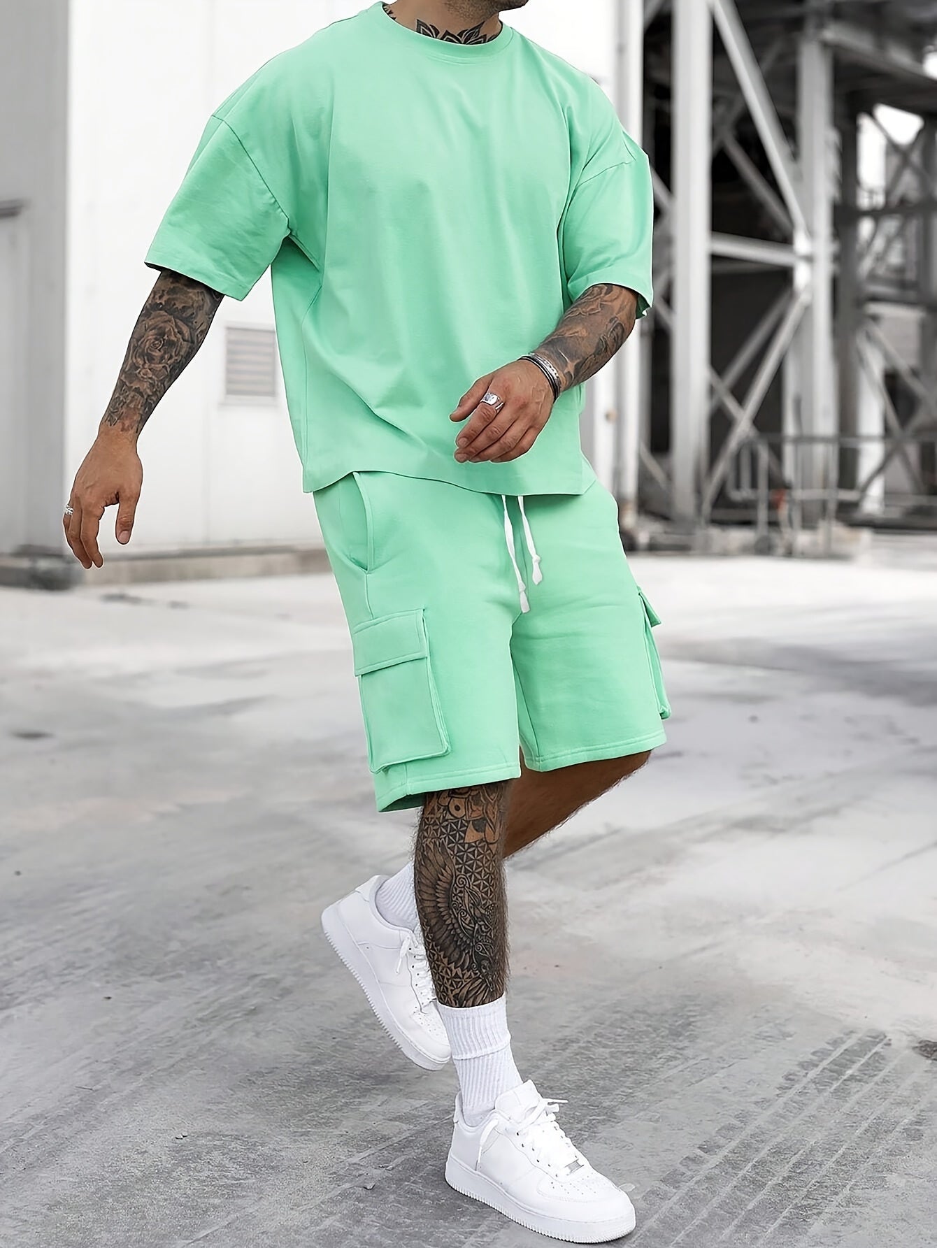 Michael - Oversized shirt cargo short heren set met ronde hals