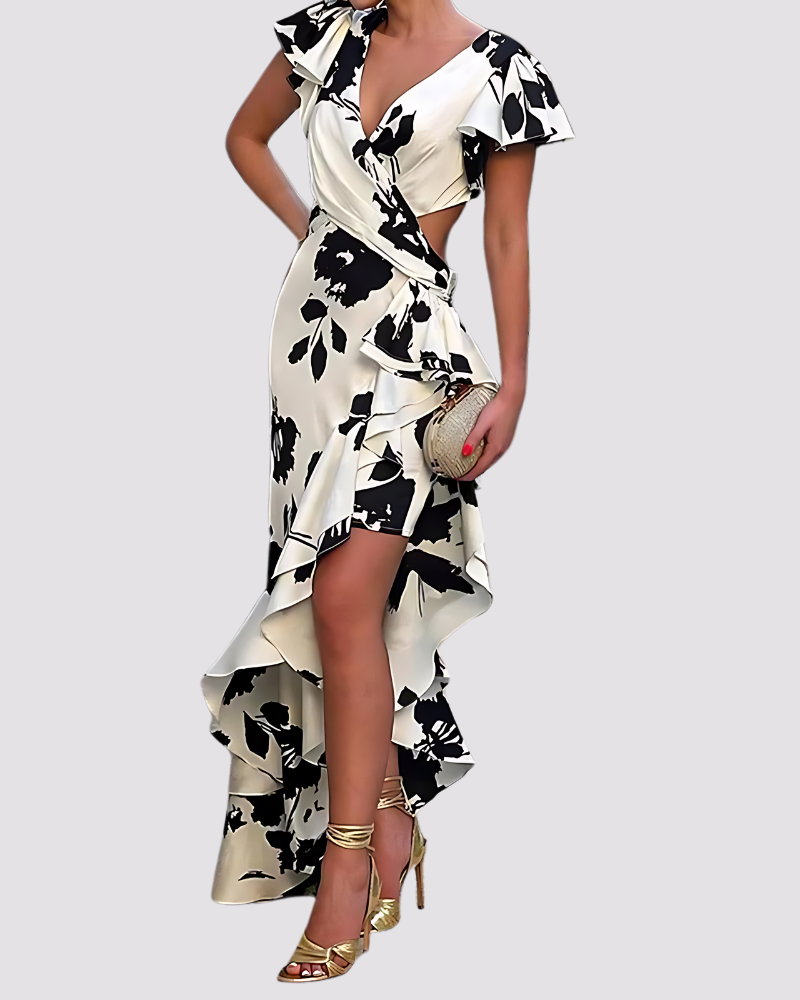 Novelle Elegante bloemen print dames jurk met hoge split