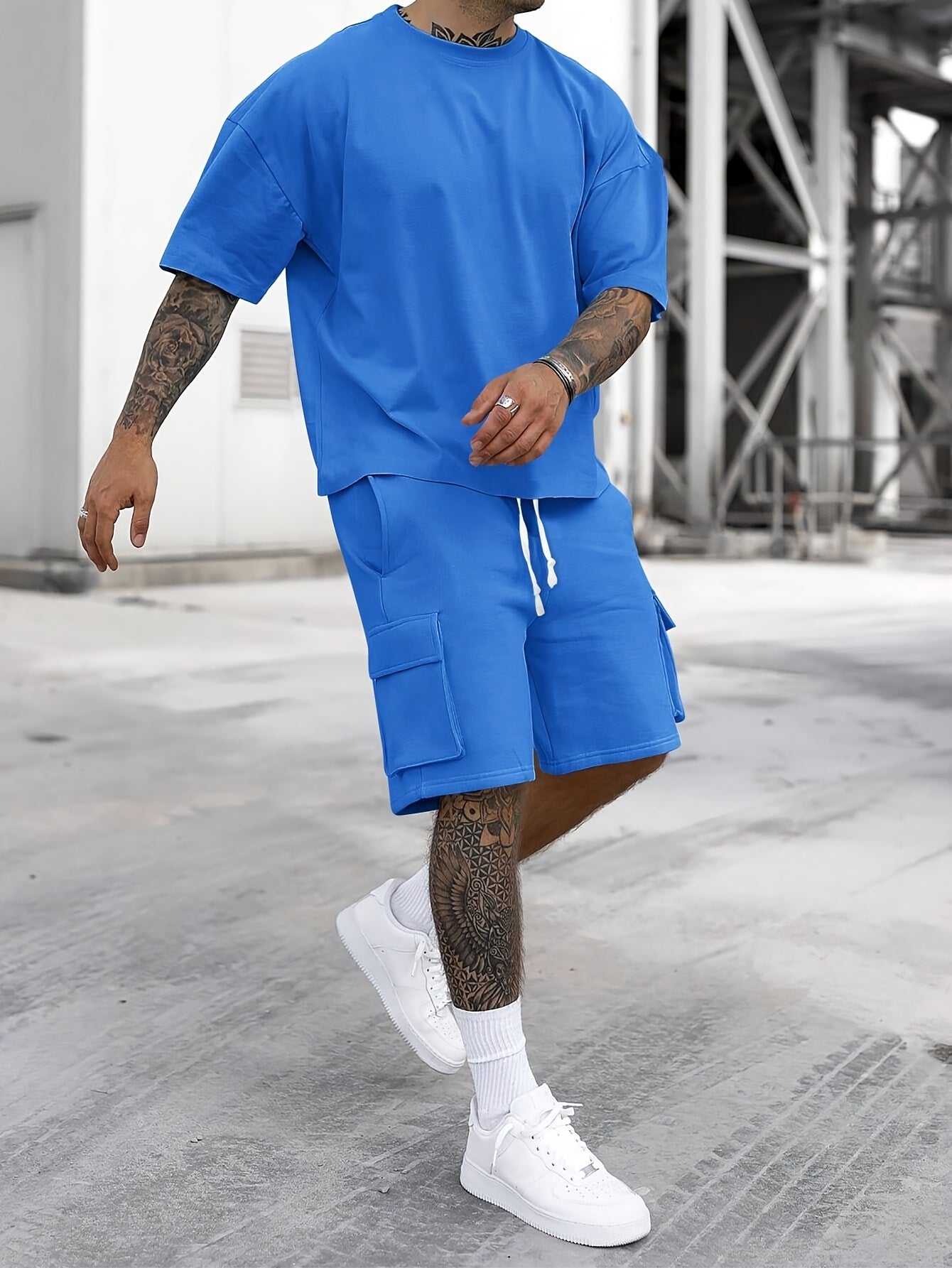 Michael - Oversized shirt cargo short heren set met ronde hals