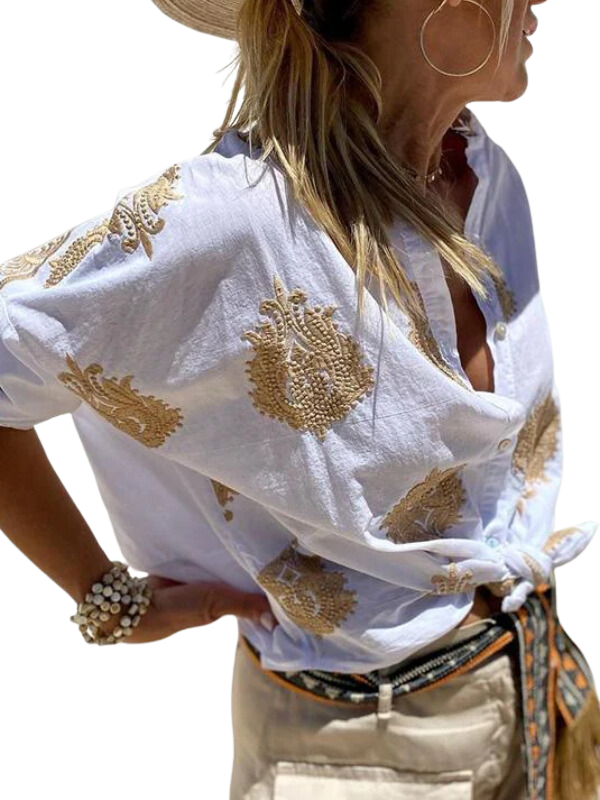 Stijlvolle print dames blouse met korte mouwen en knoopsluiting Felesty