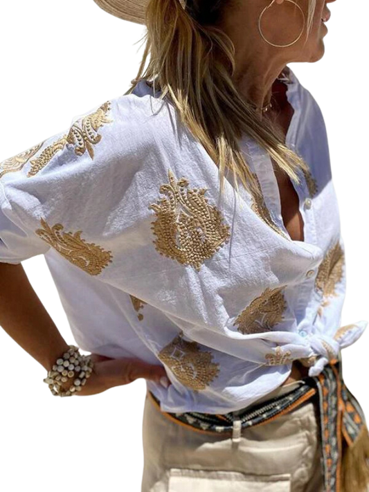 Stijlvolle print dames blouse met korte mouwen en knoopsluiting Felesty