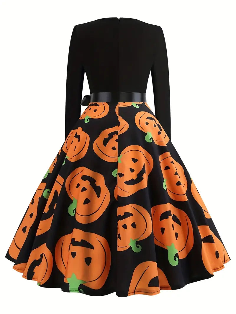 Merit - Halloween pompoen print a-lijn langmouw midi dames feest jurk