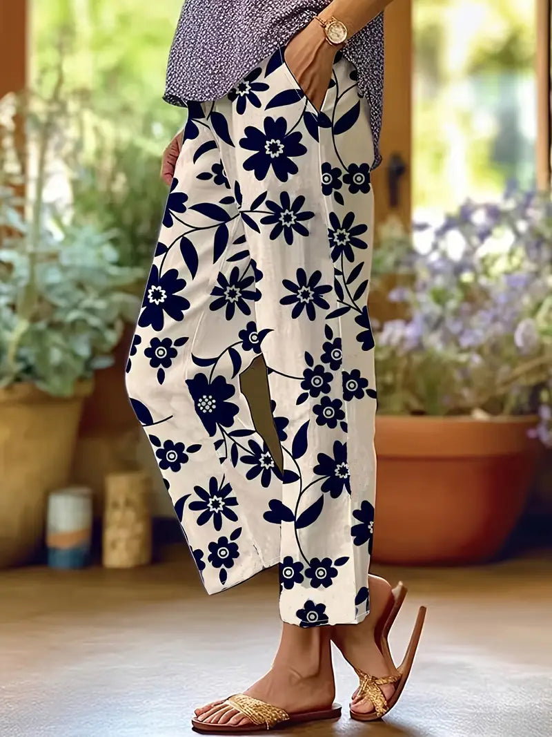 Casual dames broek met bloemenprint donkerblauw