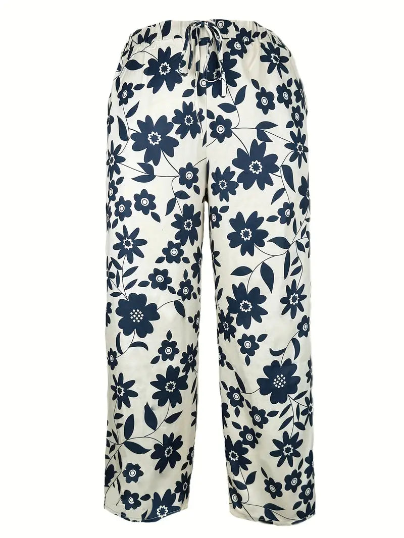 Casual dames broek met bloemenprint donkerblauw1