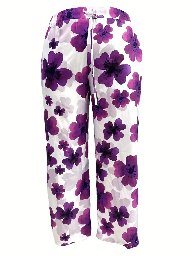 Casual dames broek met bloemenprint paars