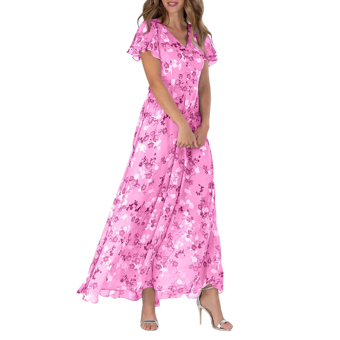 Sheila - Trendy maxi bloemen print dames jurk met korte mouwen