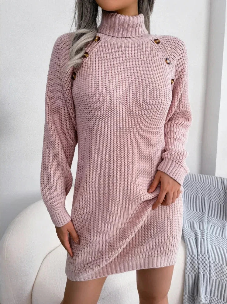 By Olivia - Gebreide lange mouw dames sweater jurk met col