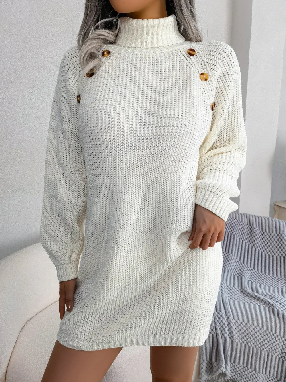 By Olivia - Gebreide lange mouw dames sweater jurk met col