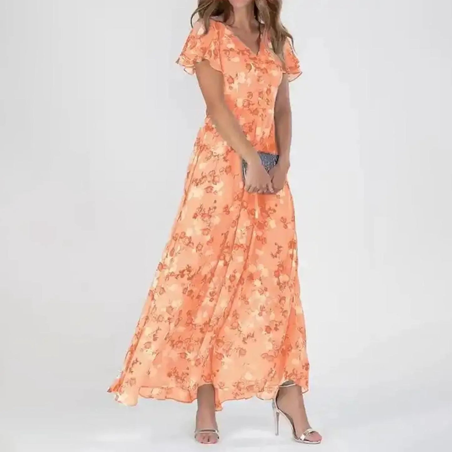 Sheila - Trendy maxi bloemen print dames jurk met korte mouwen