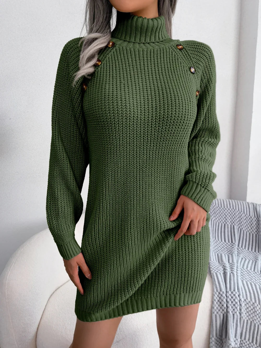 By Olivia - Gebreide lange mouw dames sweater jurk met col