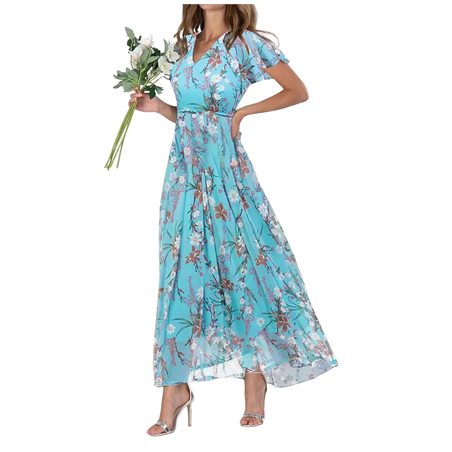 Sheila - Trendy maxi bloemen print dames jurk met korte mouwen