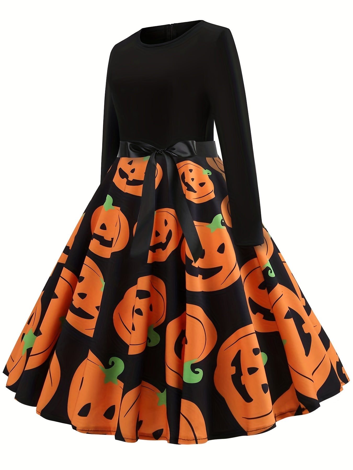 Merit - Halloween pompoen print a-lijn langmouw midi dames feest jurk