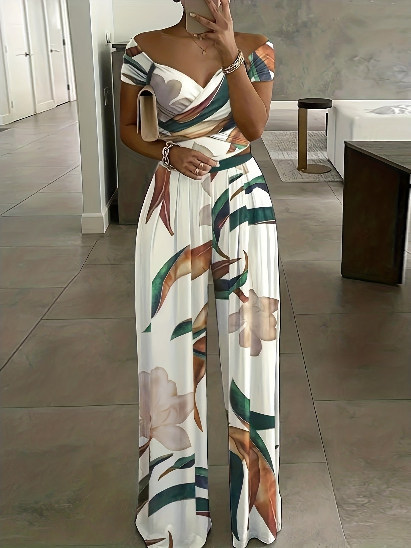 Eleonora - Elegante bloemprint off-shoulder wide leg dames jumpsuit