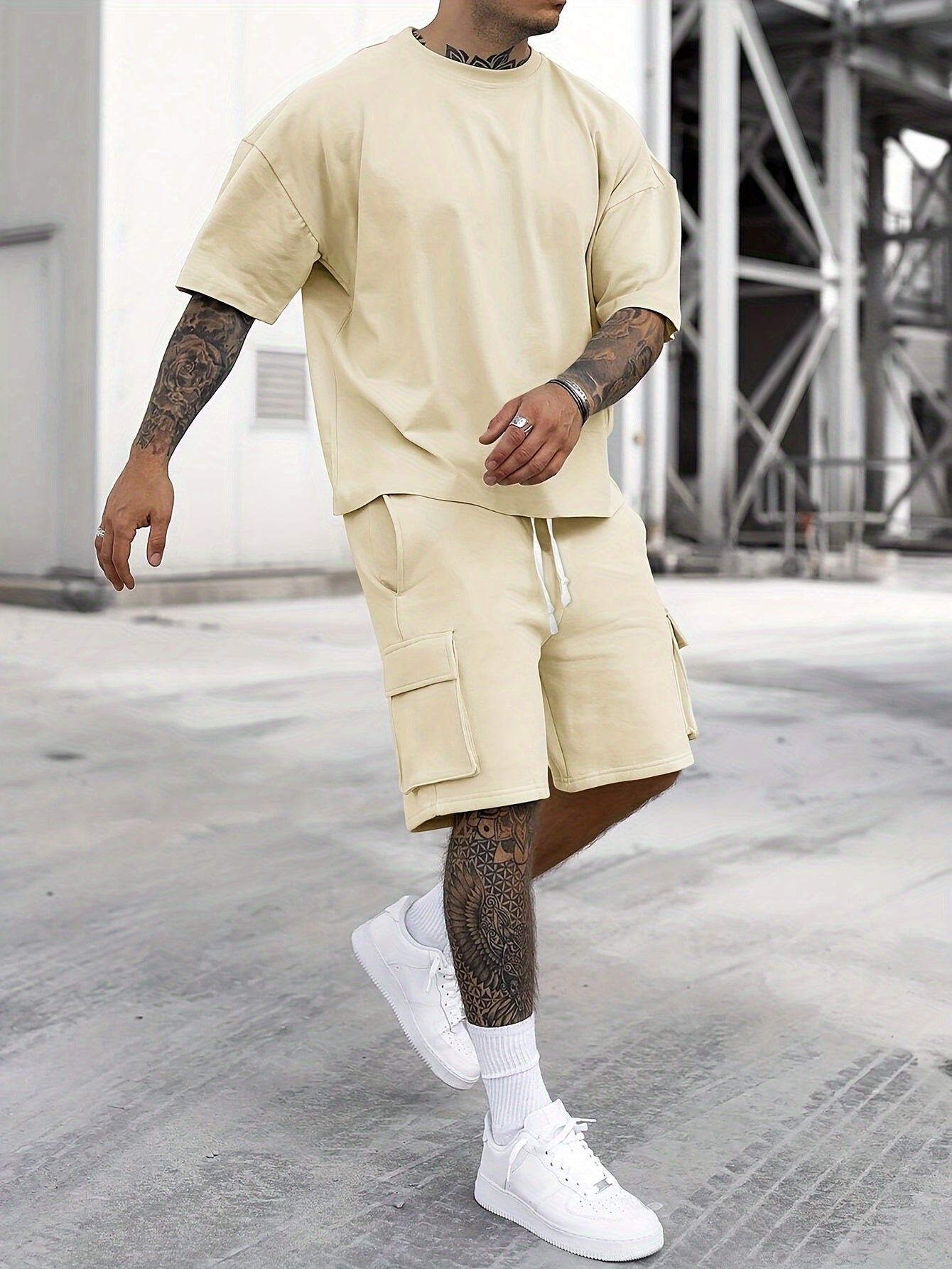 Michael - Oversized shirt cargo short heren set met ronde hals