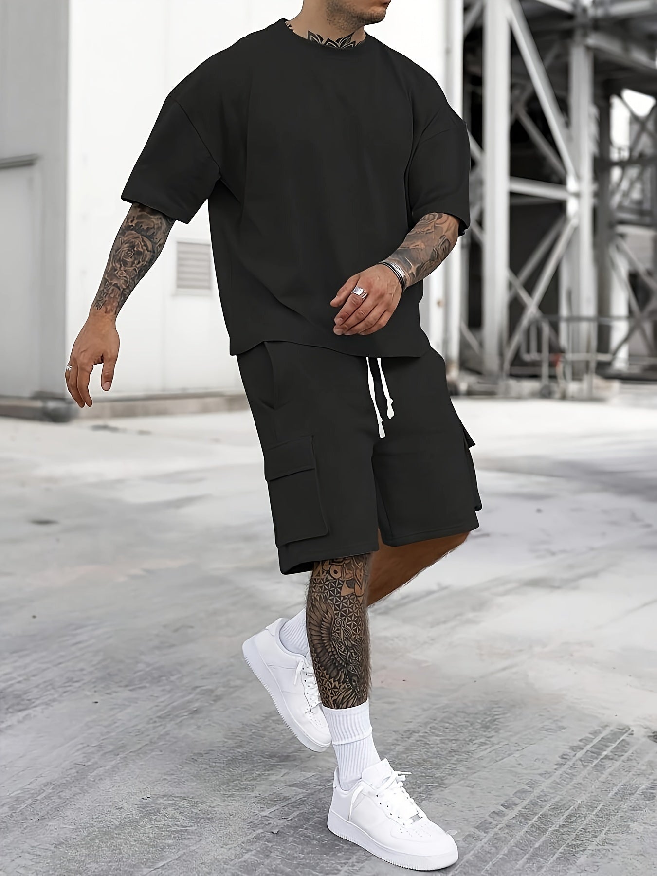 Michael - Oversized shirt cargo short heren set met ronde hals