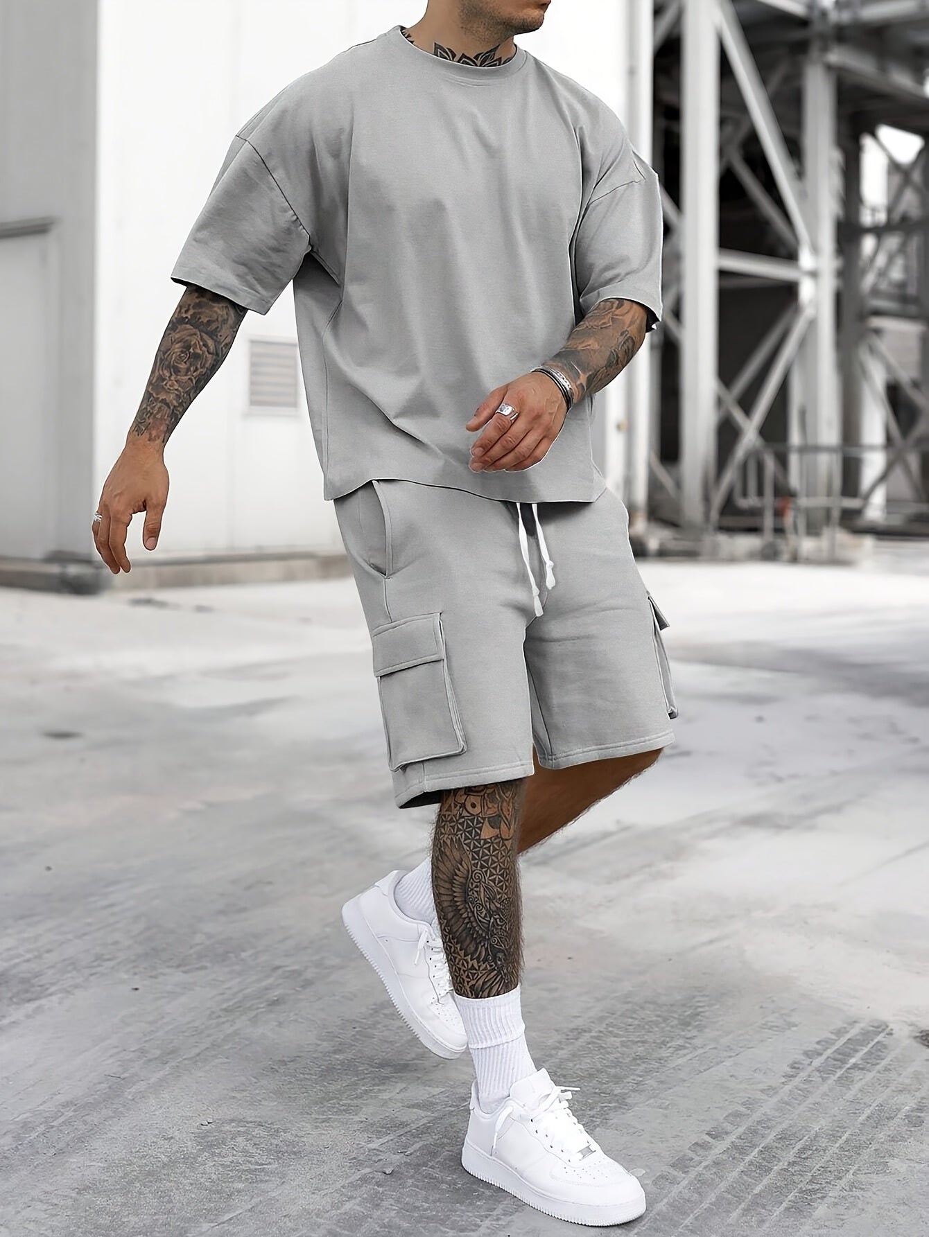 Michael - Oversized shirt cargo short heren set met ronde hals