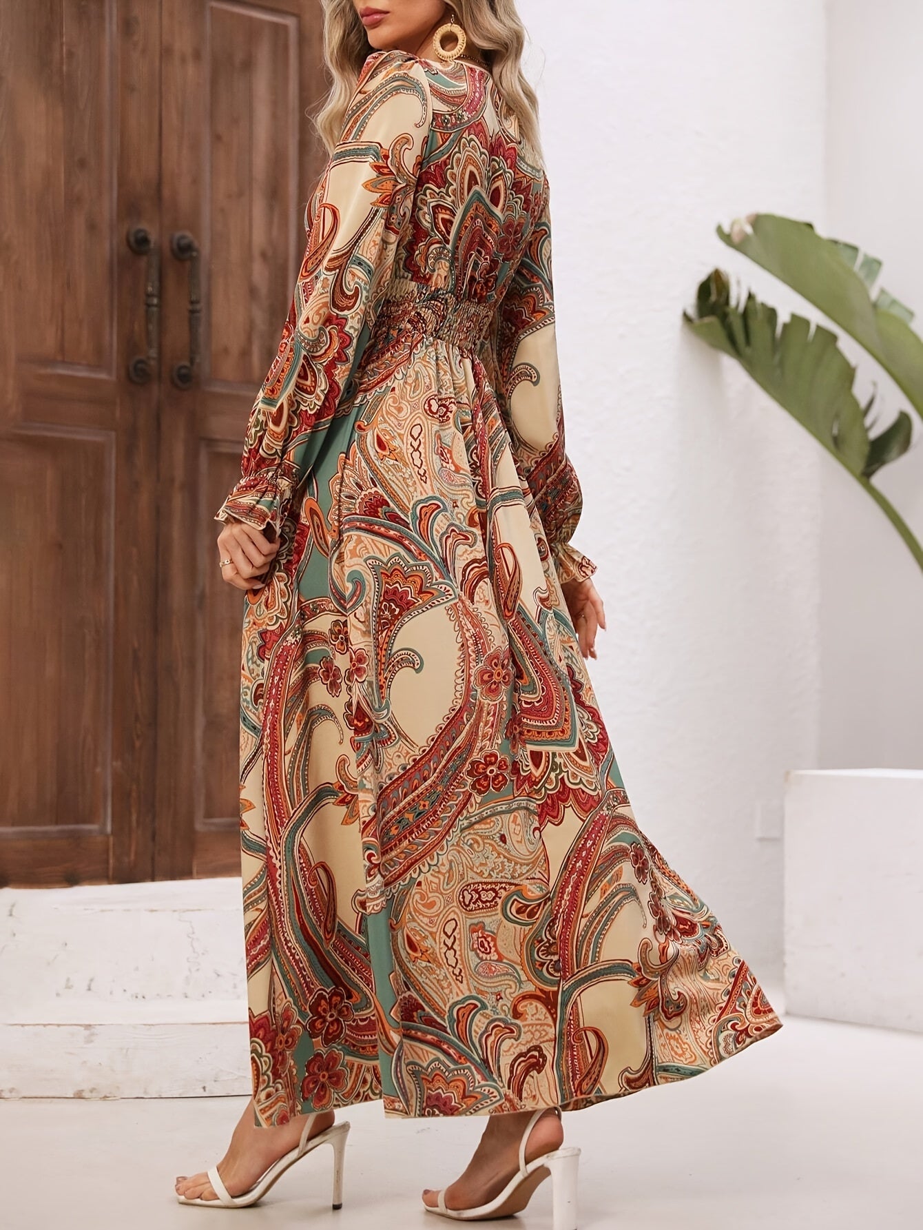 Elvira - Stijlvolle paisley print langmouw maxi dames jurk