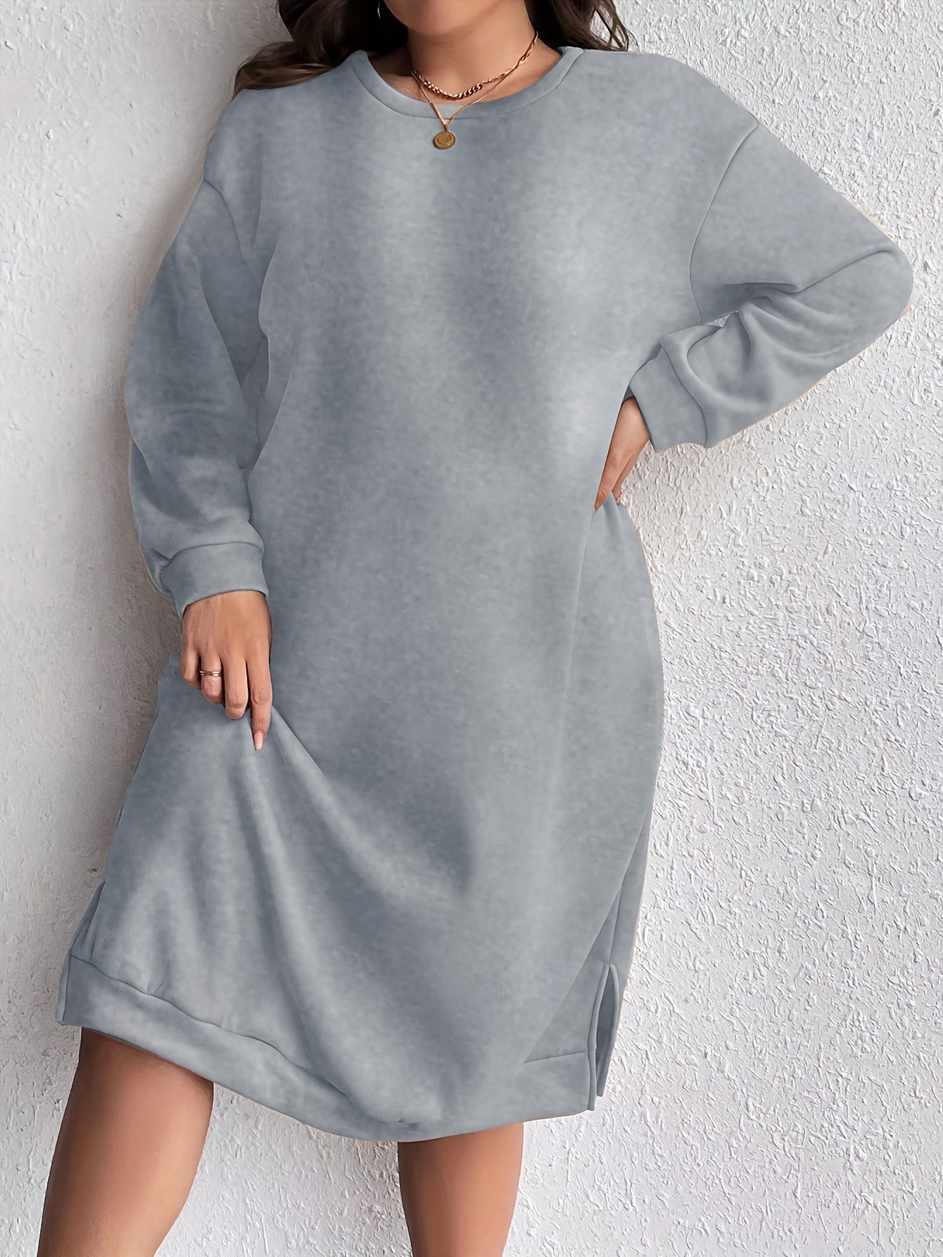 Penelope - Trendy warme oversized midi dames jurk met ronde hals