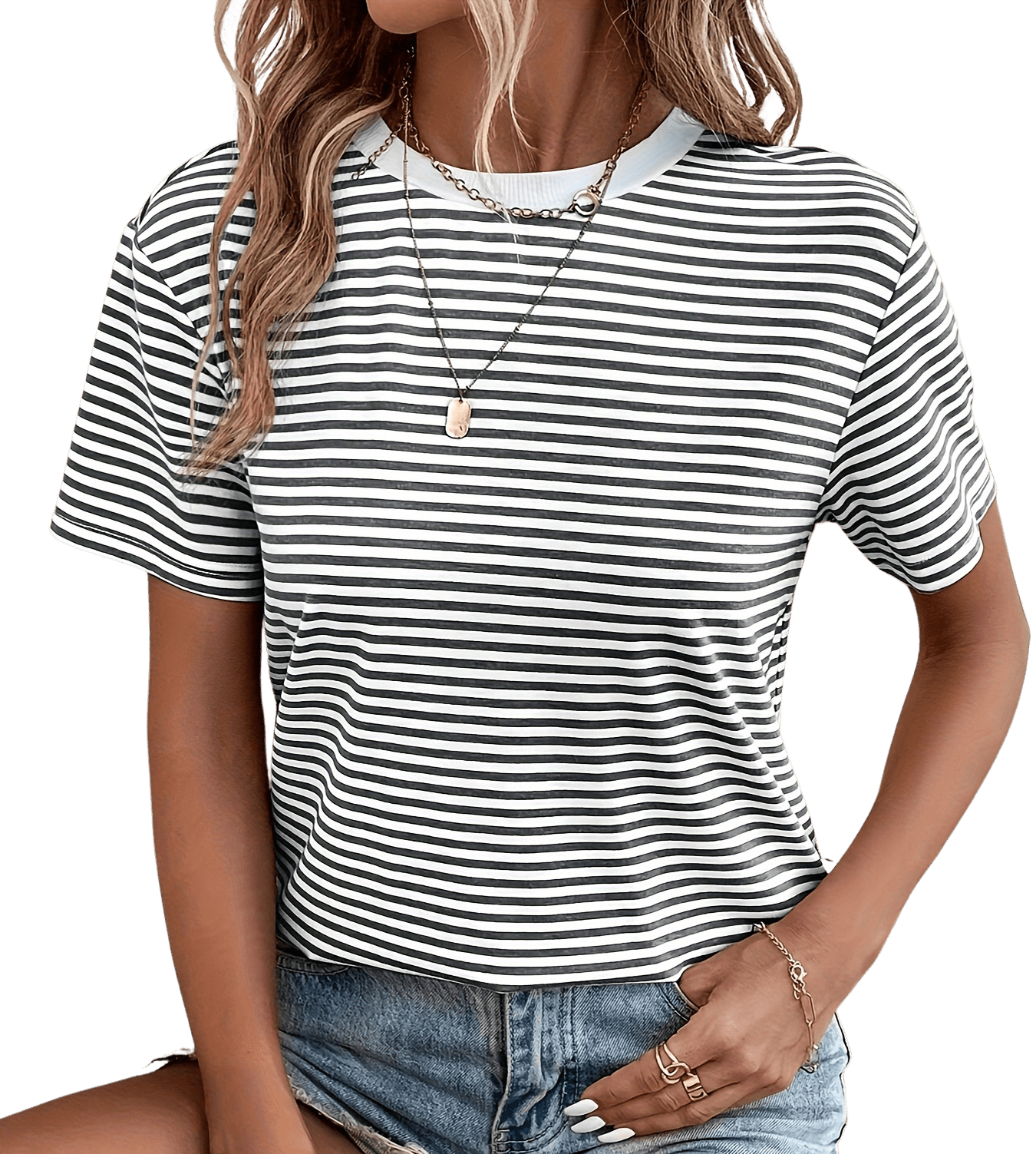 Ella - gestreepte dames shirt met ronde hals - Felesty