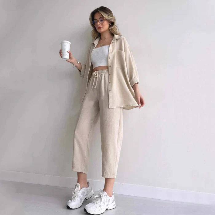 Emma - Loose fit dames set met knoopsluiting en kraag - Felesty