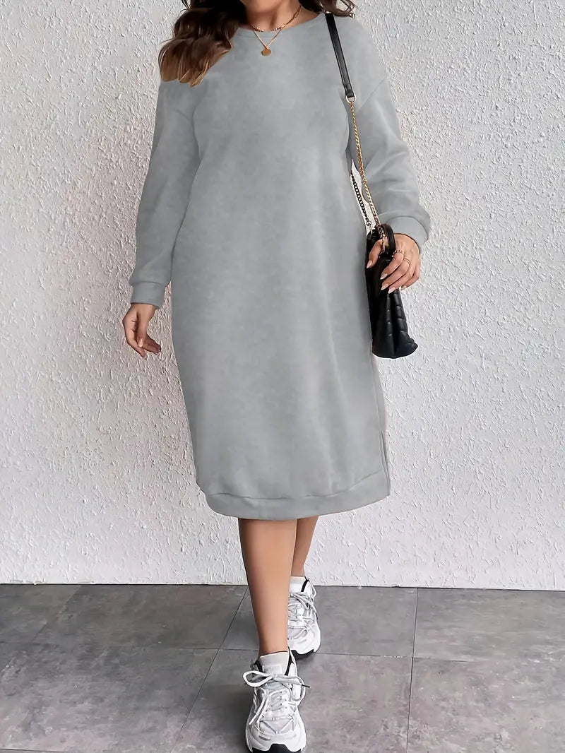 Penelope - Trendy warme oversized midi dames jurk met ronde hals