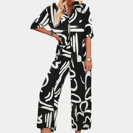 Julia - Straight leg print dames set met knoopsluiting - Felesty