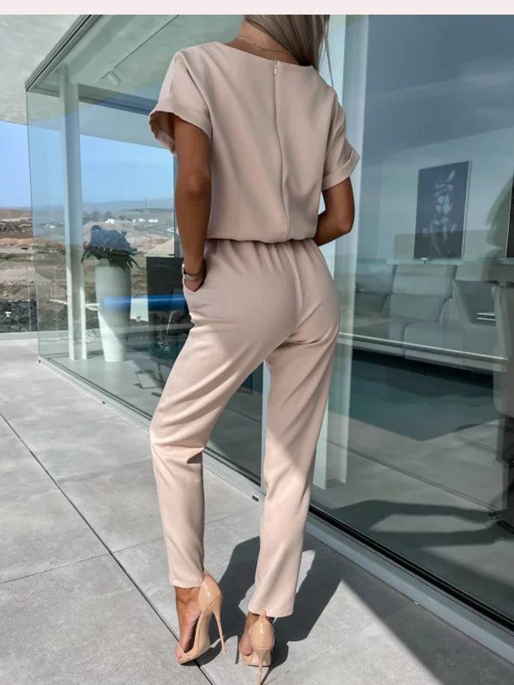 Noor - Stijlvolle slim leg jumpsuit met centuur en korte mouwen - Felesty