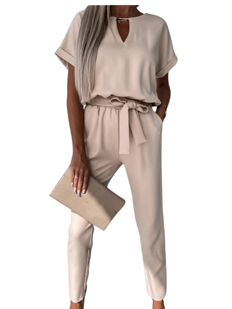 Noor - Stijlvolle slim leg jumpsuit met centuur en korte mouwen - Felesty