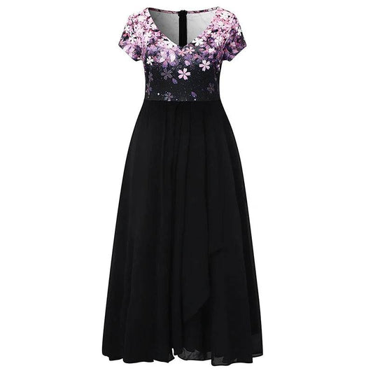 Vita - Elegante maxi chiffon dames jurk met korte mouwen en bloemen lijfje - Felesty