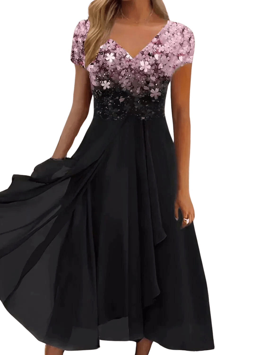 Vita - Elegante maxi chiffon dames jurk met korte mouwen en bloemen lijfje - Felesty