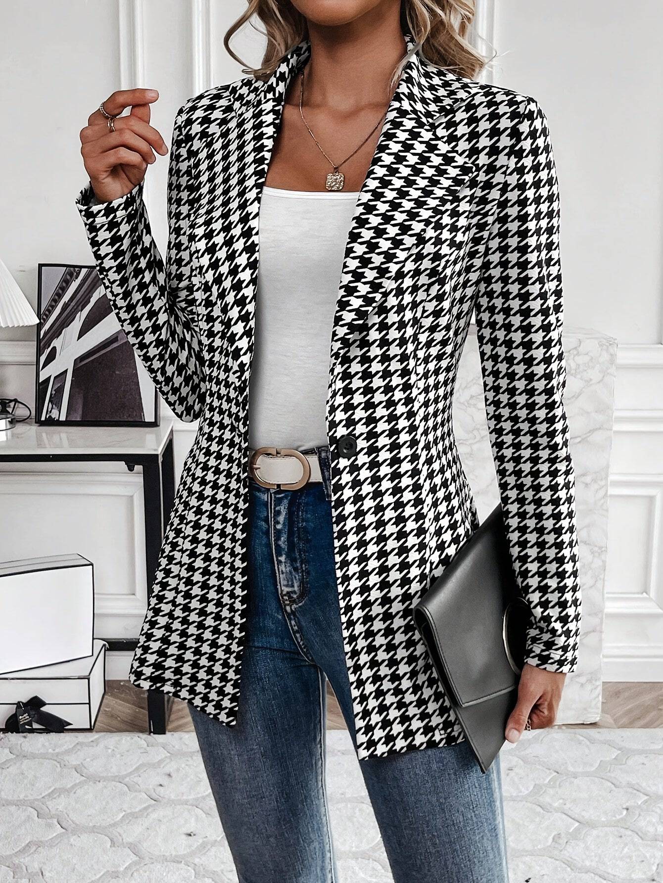 Yalda - Elegante dames blazer met Pied-De-Poule print en knoopsluiting - Felesty