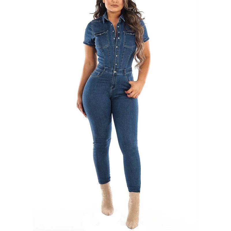 Yara - Denim skinny leg dames jumpsuit met korte mouwen - Felesty