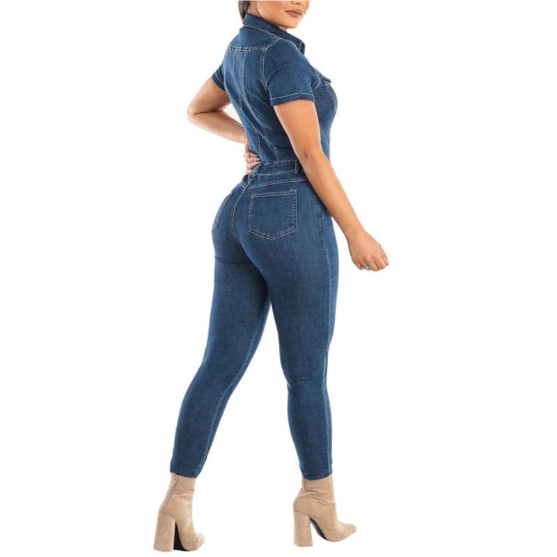 Yara - Denim skinny leg dames jumpsuit met korte mouwen - Felesty