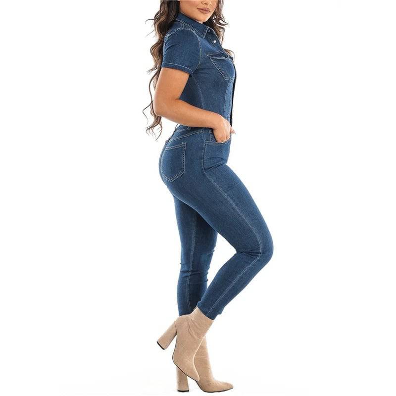 Yara - Denim skinny leg dames jumpsuit met korte mouwen - Felesty